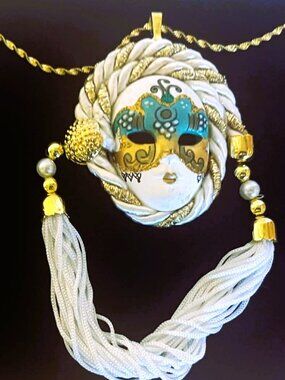 Rare Handmade Venetian Mask Necklace OOAK Statement Gold Chain Art Jewelry